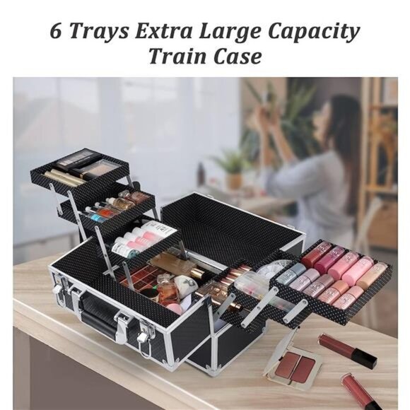 Makeup Train Case Large Cosmetic Box Makeup Organizer Case Extra Large 6 Trays - Picture 6 of 6